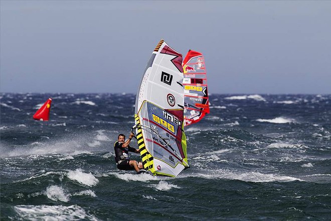 Diethelm hangs on to a 7m - PWA World Cup Catalunya Costa Brava 2011 ©  John Carter / PWA http://www.pwaworldtour.com